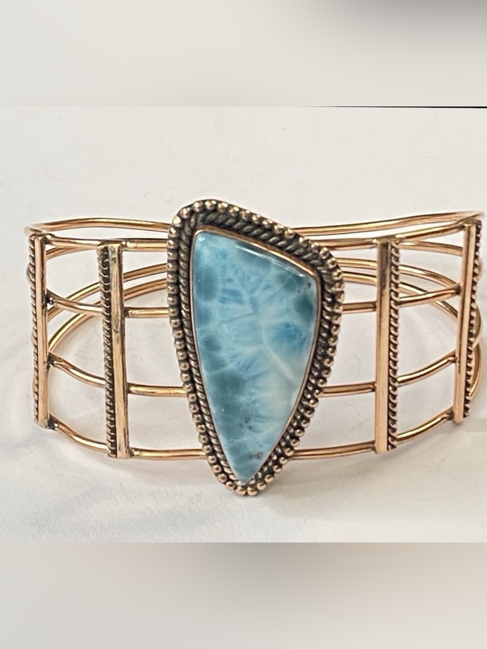 Larimar Copper Cuff Bracelet  Artisan Style Blue Caribbean Stone Adjustable